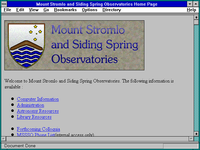 Screenshot of Mount Stromlo and Siding Spring Observatories Home Page