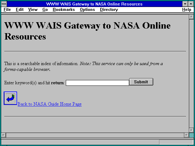 Screenshot of WWW WAIS Gateway to NASA Online Resources