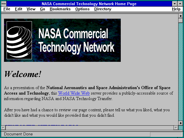 Screenshot of NASA Commercial Technology Network Home Page