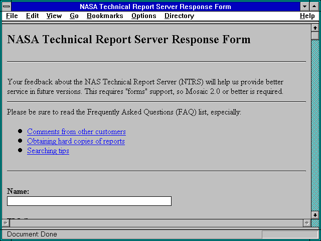 Screenshot of NASA Technical Report Server Response Form