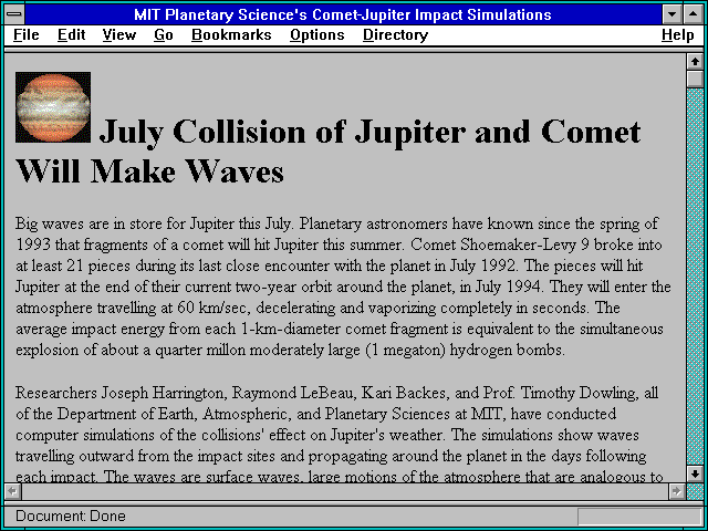 Screenshot of MIT Planetary Science's Comet-Jupiter Impact Simulations
