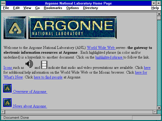 Screenshot of Argonne National Laboratory Home Page