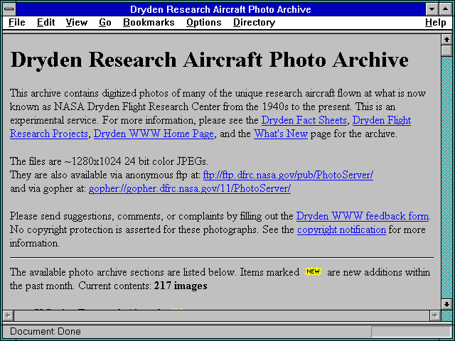 Screenshot of Dryden Research Aircraft Photo Archive
