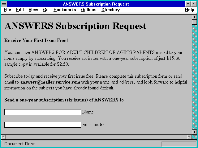 Screenshot of ANSWERS Subscription Request