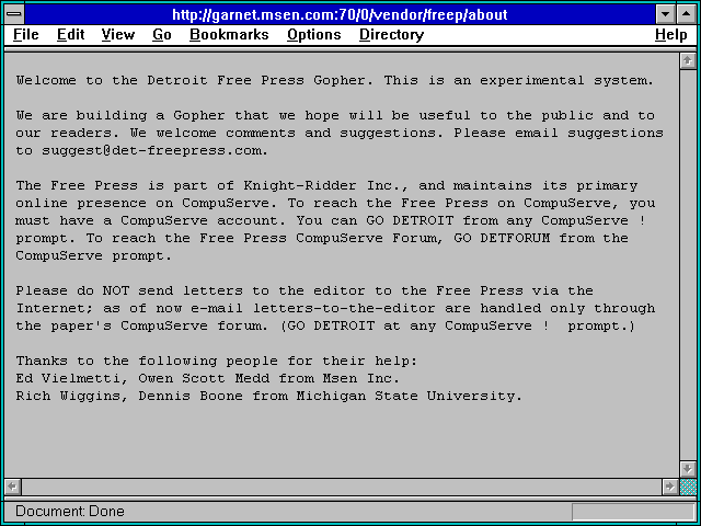 Screenshot of Welcome to the Detroit Free Press Gopher