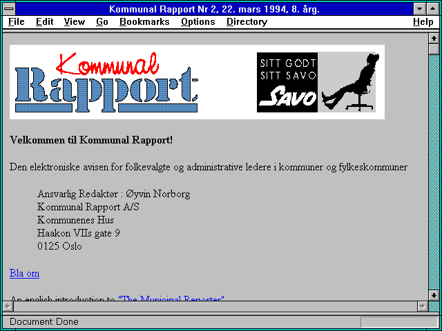 Screenshot of Kommunal Rapport Nr 2 22. mars 1994 8. arg.