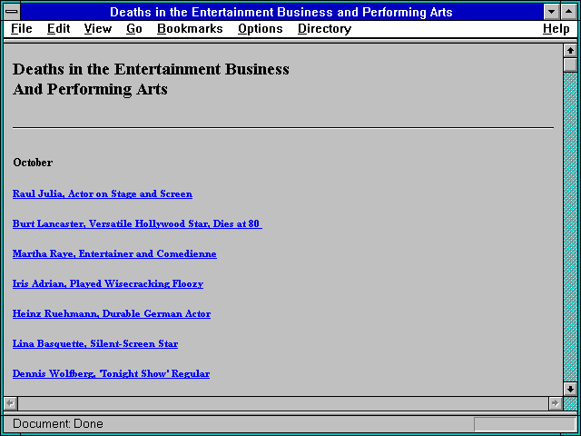 Screenshot of Deaths in the Entertainment Business and Performing Arts
