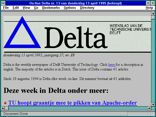 Screenshot of On-line Delta nr. 13 van donderdag 13 april 1995 (beknopt)