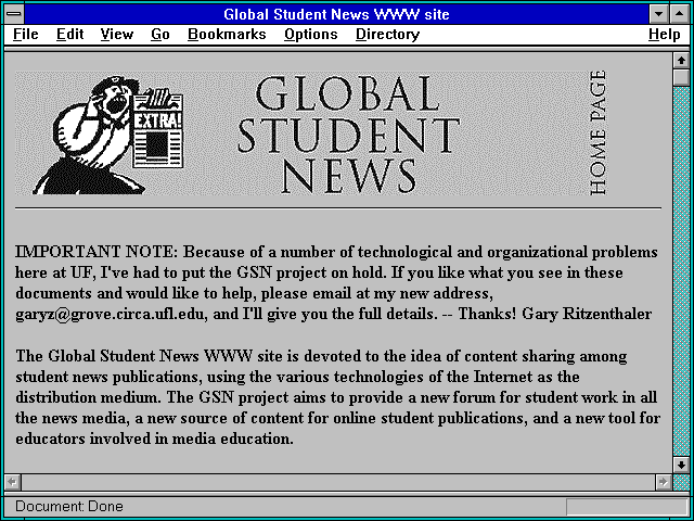 Screenshot of Global Student News WWW site