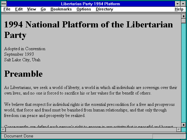 Screenshot of Libertarian Party 1994 Platform