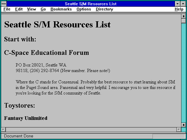 Screenshot of Seattle S/M Resources List