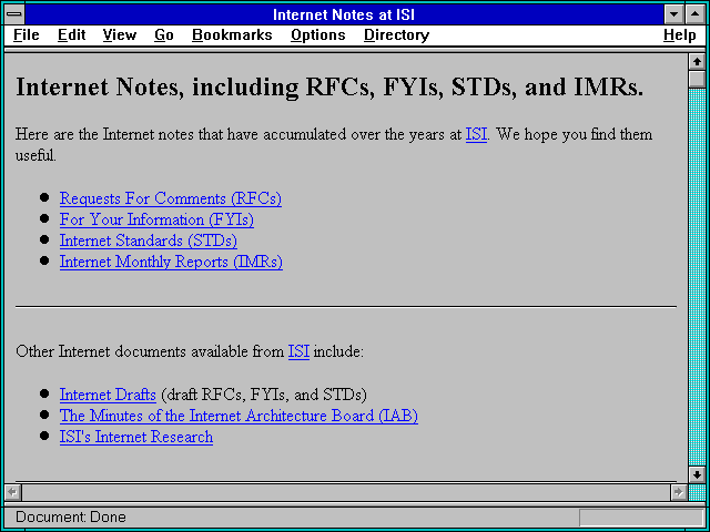 Screenshot of Internet Notes including RFCs FYIs STDs and IMRs.