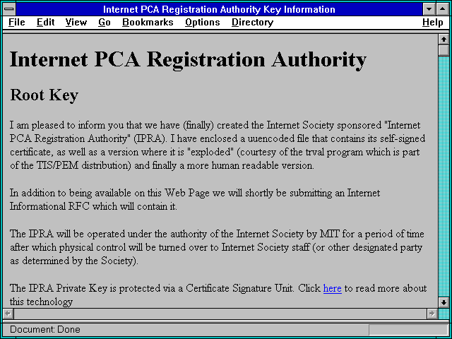 Screenshot of Internet PCA Registration Authority Key Information