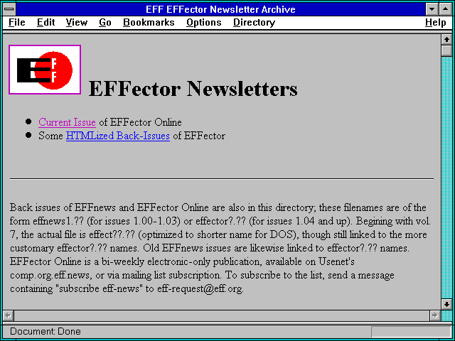 Screenshot of Index of /pub/EFF/Newsletters/EFFector/