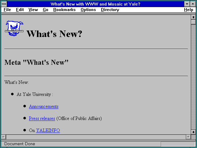 Screenshot of What's New with WWW and Mosaic at Yale?