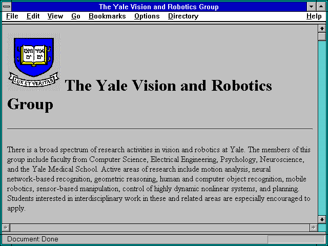 Screenshot of The Yale Vision and Robotics Group
