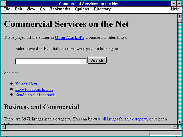 Screenshot of Commercial Services on the Net