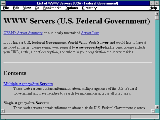 Screenshot of List of WWW Servers (USA - Federal Government)