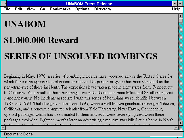 Screenshot of UNABOM Press Release
