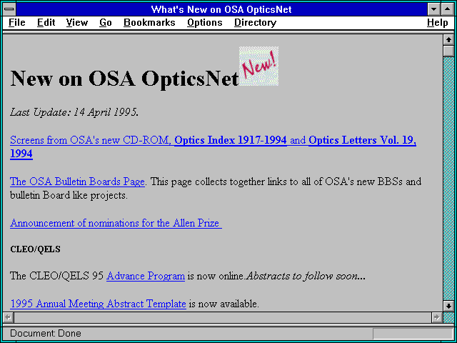 Screenshot of What's New on OSA OpticsNet