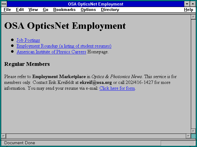 Screenshot of OSA OpticsNet Employment