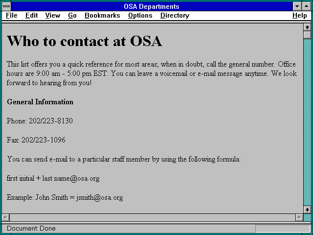 Screenshot of OSA Departments