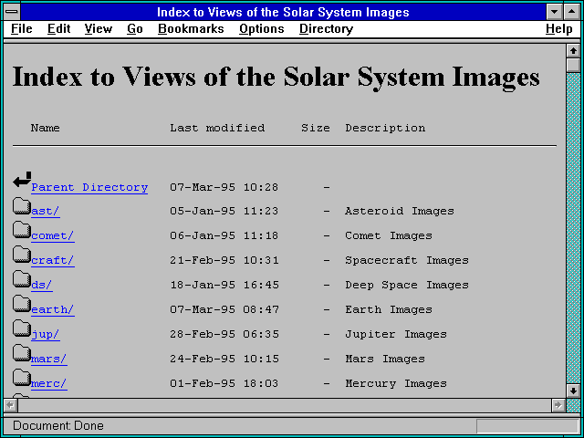 Screenshot of Index to Views of the Solar System Images