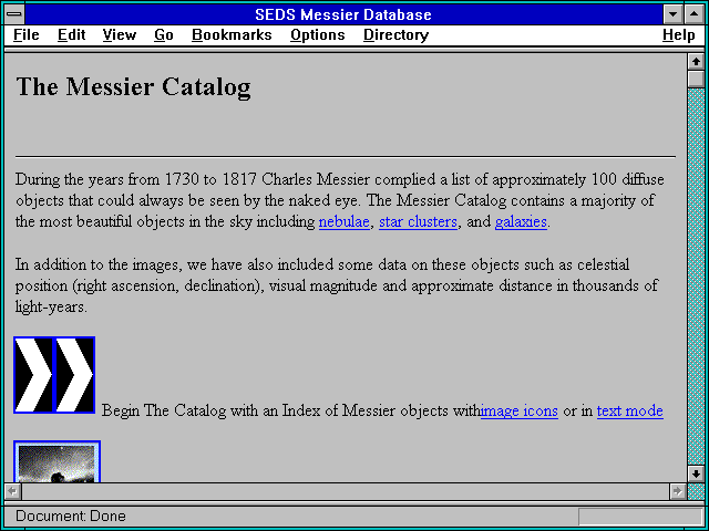 Screenshot of SEDS Messier Database