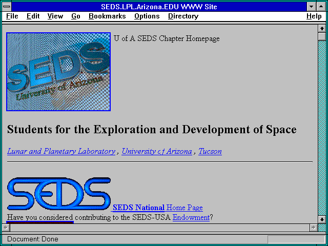 Screenshot of SEDS.LPL.Arizona.EDU WWW Site