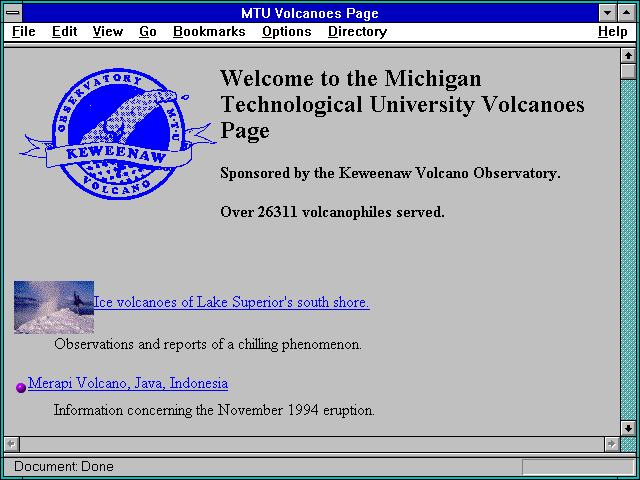 Screenshot of Michigan Tech Volcanoes Page