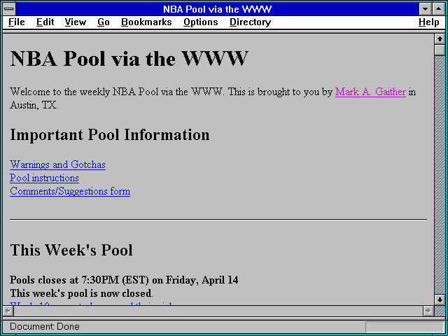 Screenshot of NBA Pool via the WWW