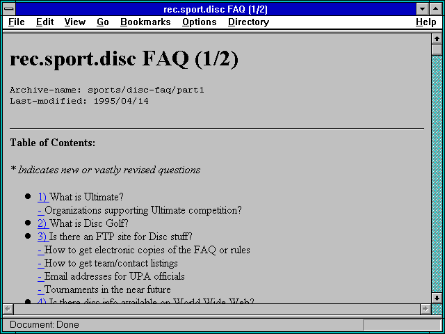 Screenshot of rec.sport.disc FAQ (1/2)
