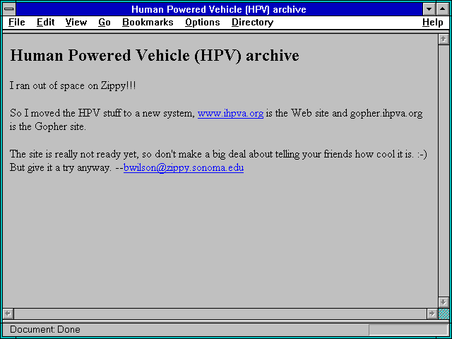 Screenshot of Human Powered Vehicle (HPV) archive