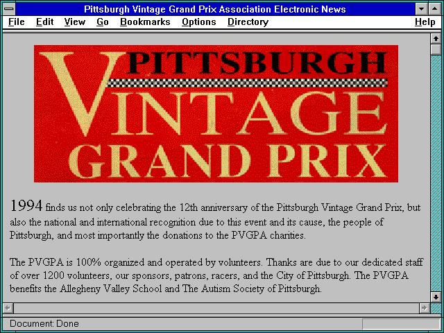 Screenshot of Pittsburgh Vintage Grand Prix Association Electronic News