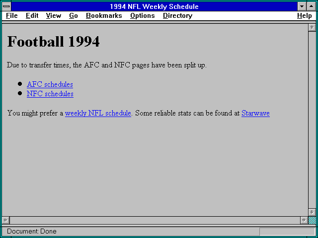 Screenshot of 1994 NFL Weekly Schedule