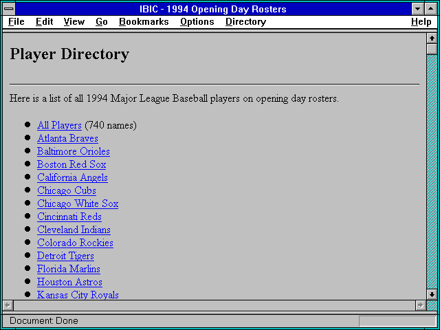 Screenshot of IBIC - 1994 Opening Day Rosters