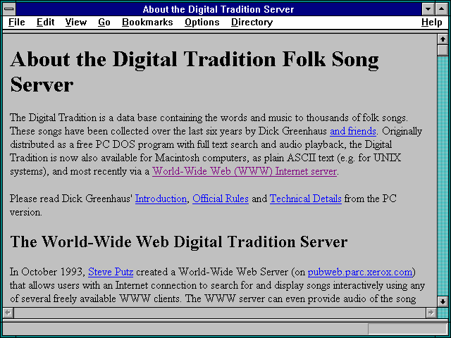 Screenshot of About the Digital Tradition Server