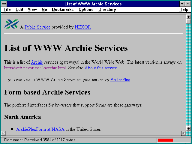 Screenshot of List of WWW Archie Services