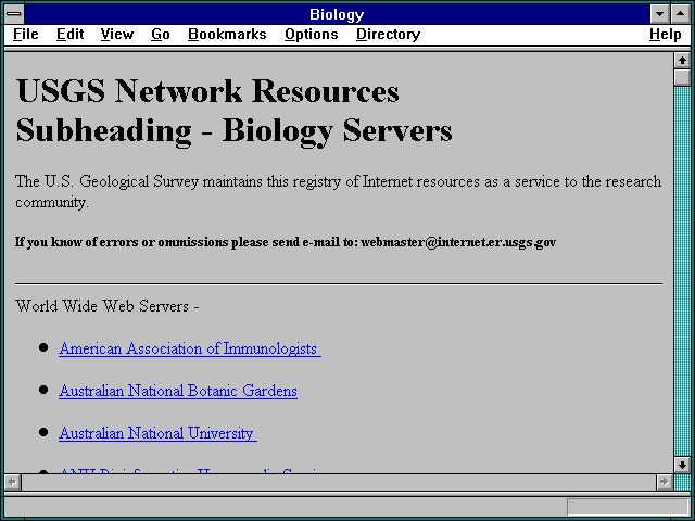 Screenshot of Biological Science Server List-USGS Network