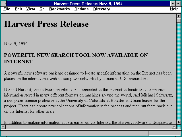 Screenshot of Harvest Press Release: Nov. 9 1994