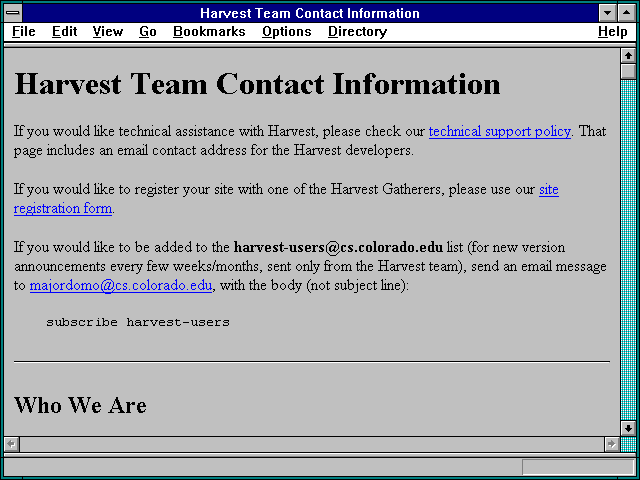 Screenshot of Harvest Team Contact Information