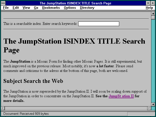 Screenshot of The JumpStation ISINDEX TITLE Search Page