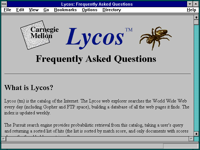 Screenshot of Lycos: Frequently Asked Questions