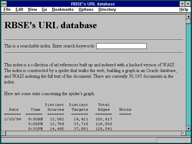Screenshot of RBSE's URL database