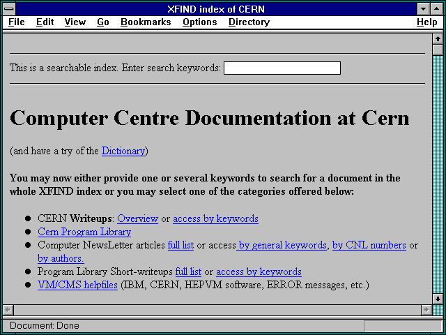 Screenshot of XFIND index of CERN