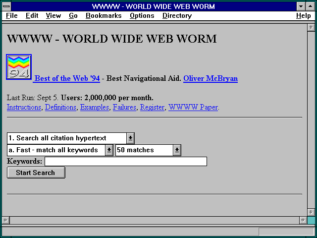 Screenshot of WWWW - WORLD WIDE WEB WORM