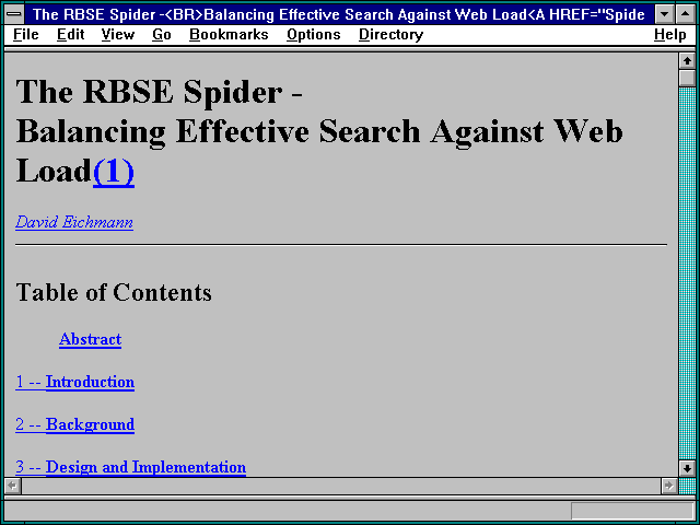 Screenshot of The RBSE Spider --Balancing Effective Search Against Web Load