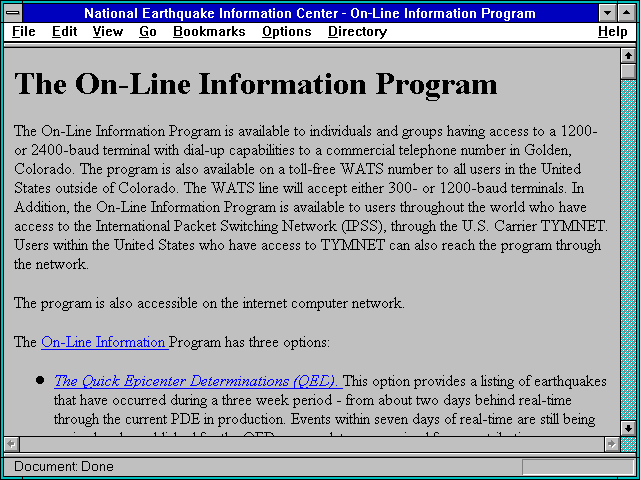 Screenshot of National Earthquake Information Center - On-Line Information Program