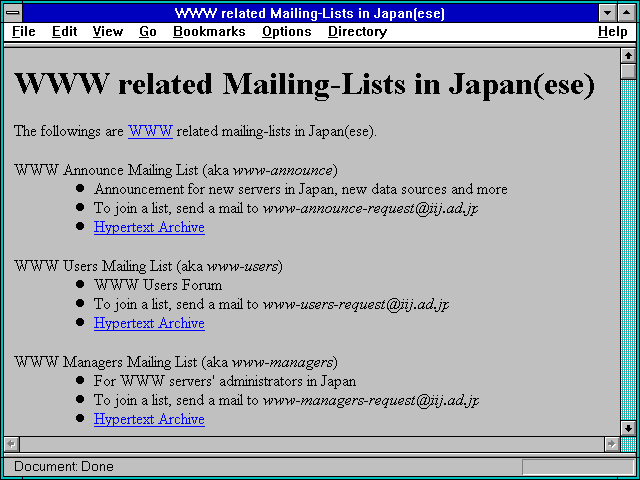 Screenshot of WWW related Mailing-Lists in Japan(ese)