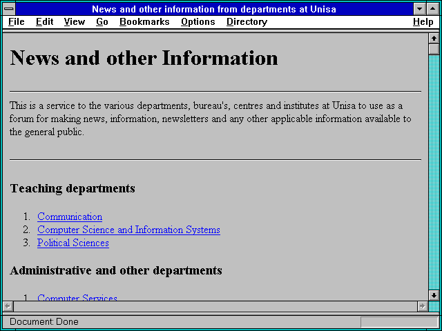 Screenshot of News and other information from departments at Unisa